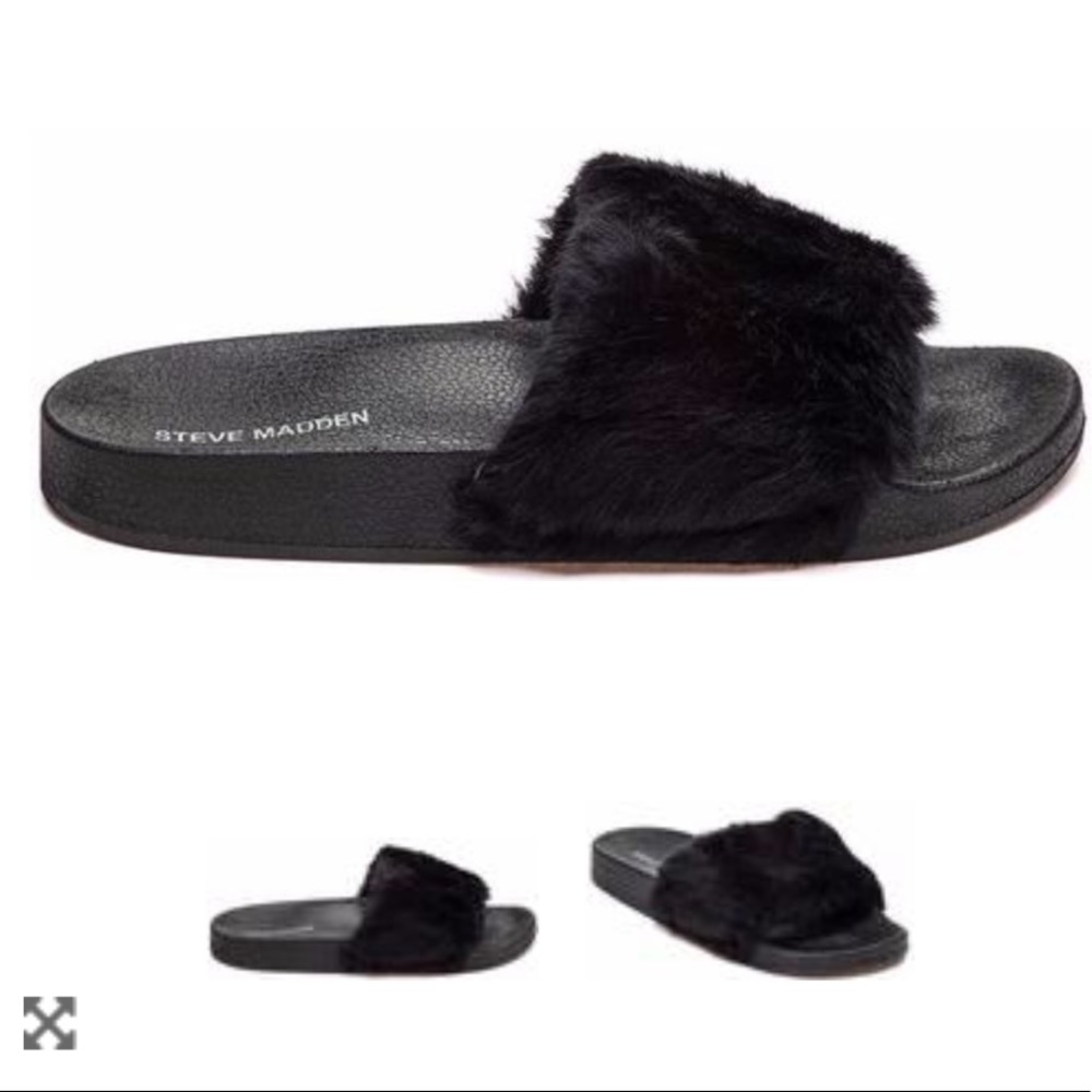 Steve Madden Black Softey Faux Fur Slides